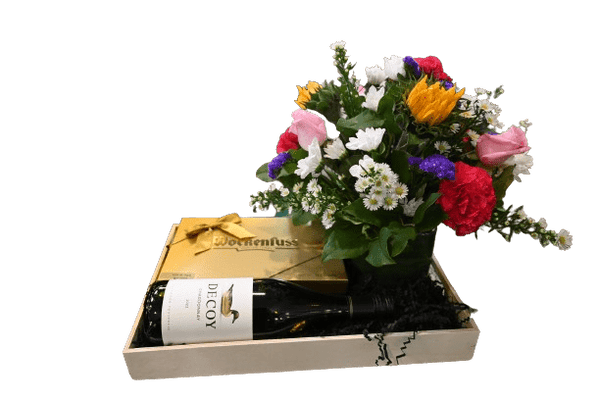 MOTHER'S DAY WHITE WINE, CHOCOLATES & FLOWERS